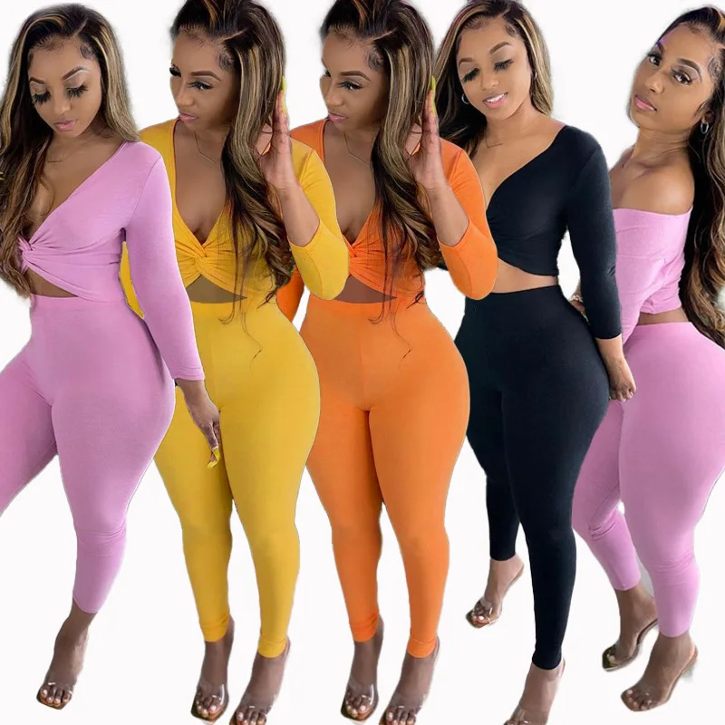 

2021 Sexy Fitness V neck tank top and pants set women 2 piece set women fall crop two piece Set, Customized color