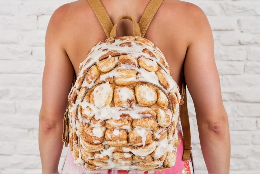 Person wearing a cinnamon roll backpack in a casual setting showing how it looks when in use