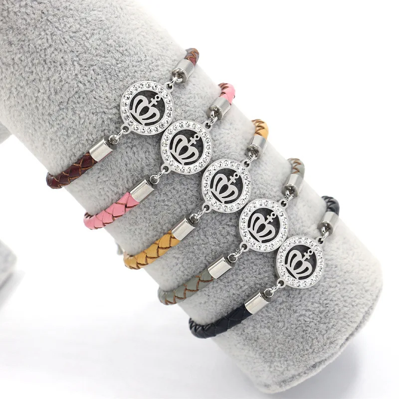 

Fashion Titanium Steel Stainless Steel leather Diamond Couple Crown Bracelet, As pic