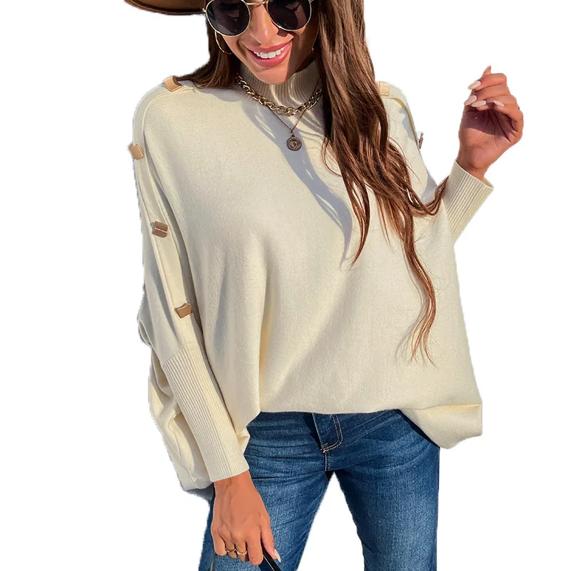 

2022 Womens plus size lose batwing sleeves shoulder clasp turtleneck pullover sweaters, Apricot,orange,blush
