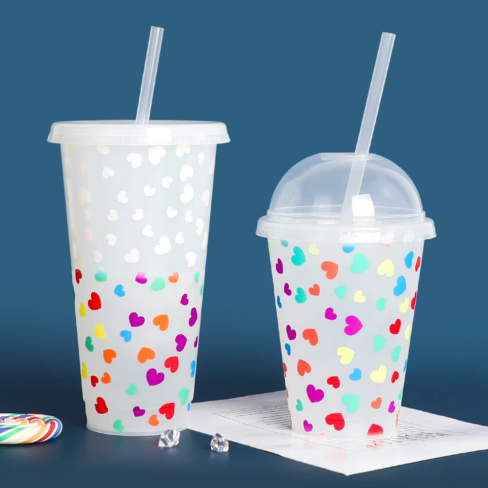 

Valentines Day 24oz Reusable Plastic Mug Love Color Changing Cup with dome lid and straw, Customized color plastic pp cup
