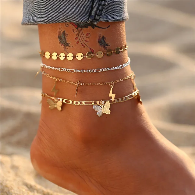 

Punk Multilayered Lock Snake Chain Anklet Trend Gold Butterfly Anklets Foot Bracelet Beach Jewelry