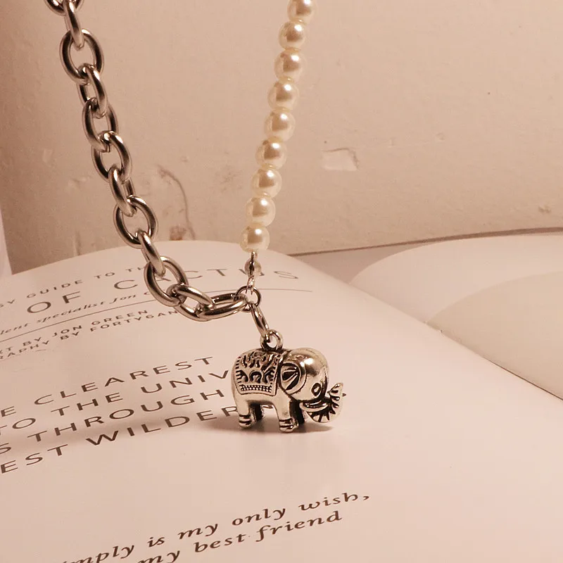 

Wholesale Stainless Steel Pearl Chain Necklace Elephant Pendant Jewelry for women