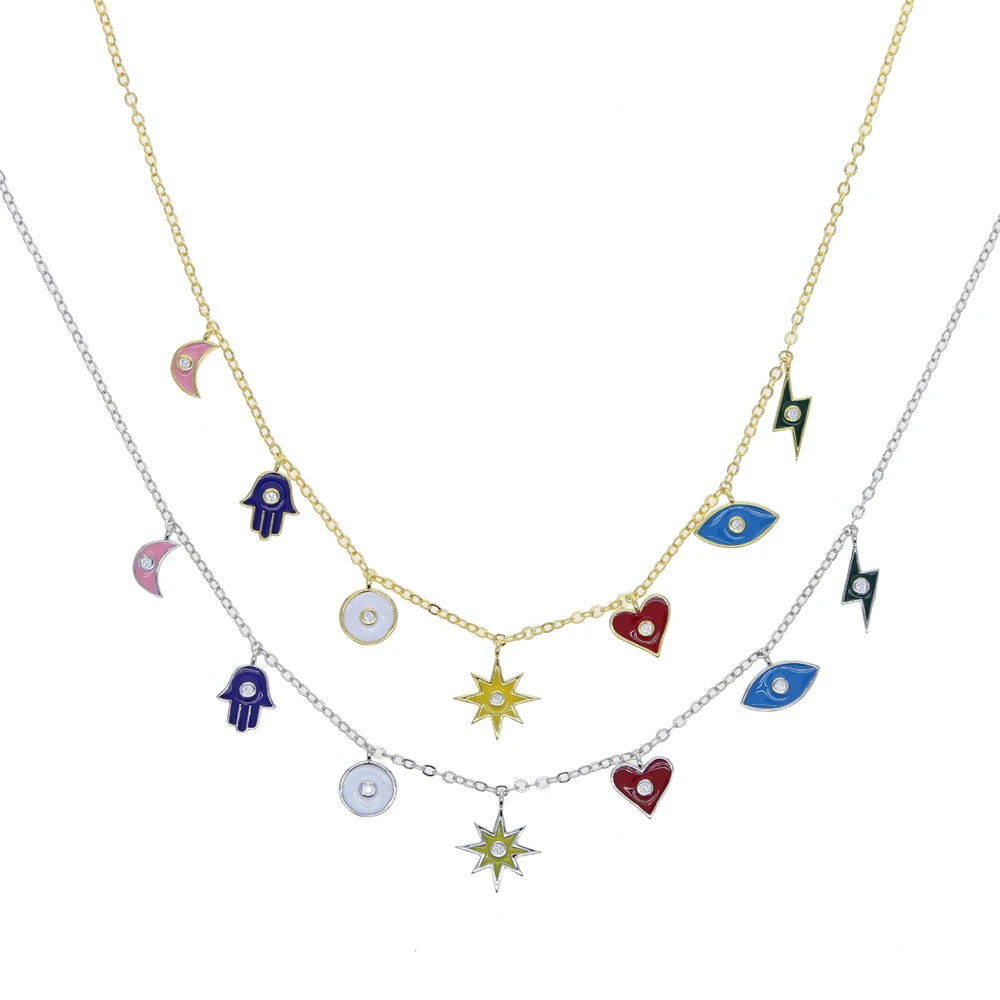

2021 summer new arrived colorful mini cz drop charm geometric fashion chocker necklace enamel hand eye flash charm jewelry, Customized