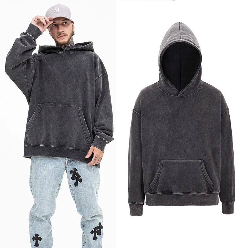 

Wholesale Fashion Streetwear High Quality Custom Logo Design 400 Gsm 100% Cotton Vintage Black Acid Wash Distressed Hoodie