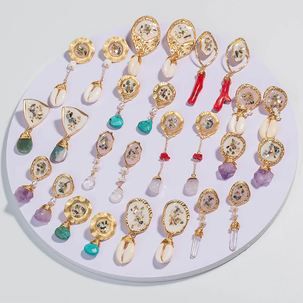 

Trendy fashion accessories multi colors gold plated shell earring geometric natural stones pearl drop earrings for women, 20 colors to choose