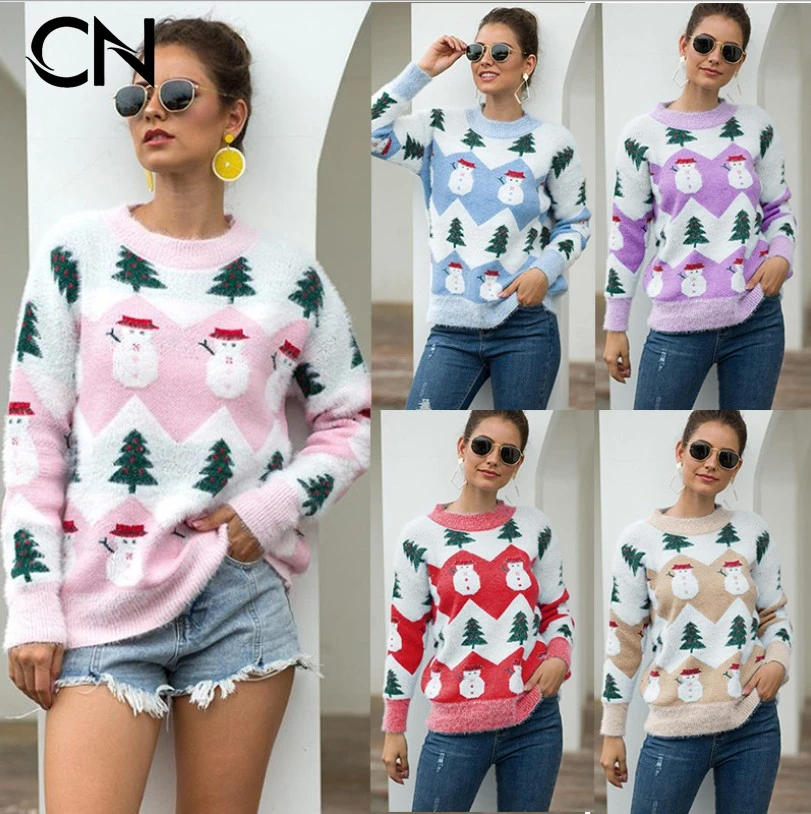

CaiNan Wholesale Women Long Sleeve Snow Man Pattern Pullovers Autumn Winter Warm Snowflake Knitted Christmas Sweater