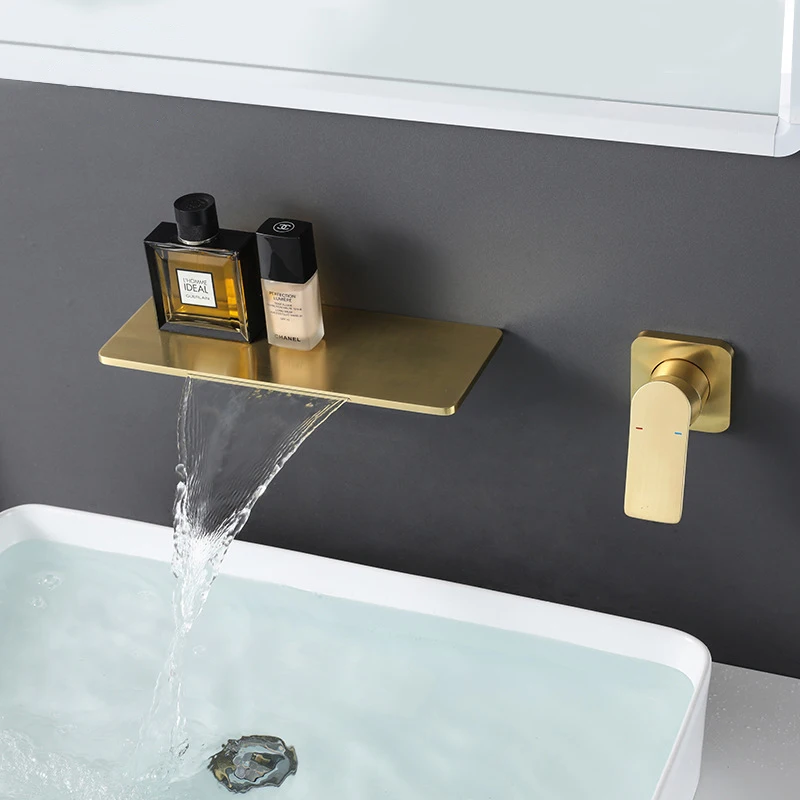 

High quality gold waterfall basin faucet bathroom single handle brass mixers wall mount taps