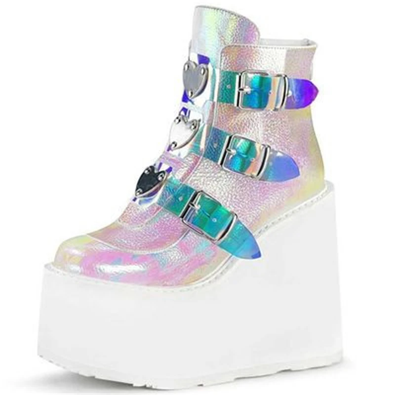 

Dropshipping Wholesale Lady Thick Bottom Laser Boot 2021 Women's Waterproof Platform Boots Metal Buckle Rivet Footwear