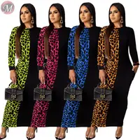 

9081906 queenmoen wholesale fashion round neck fashion leopard print maxi length long sleeve patchwork woman casual dress