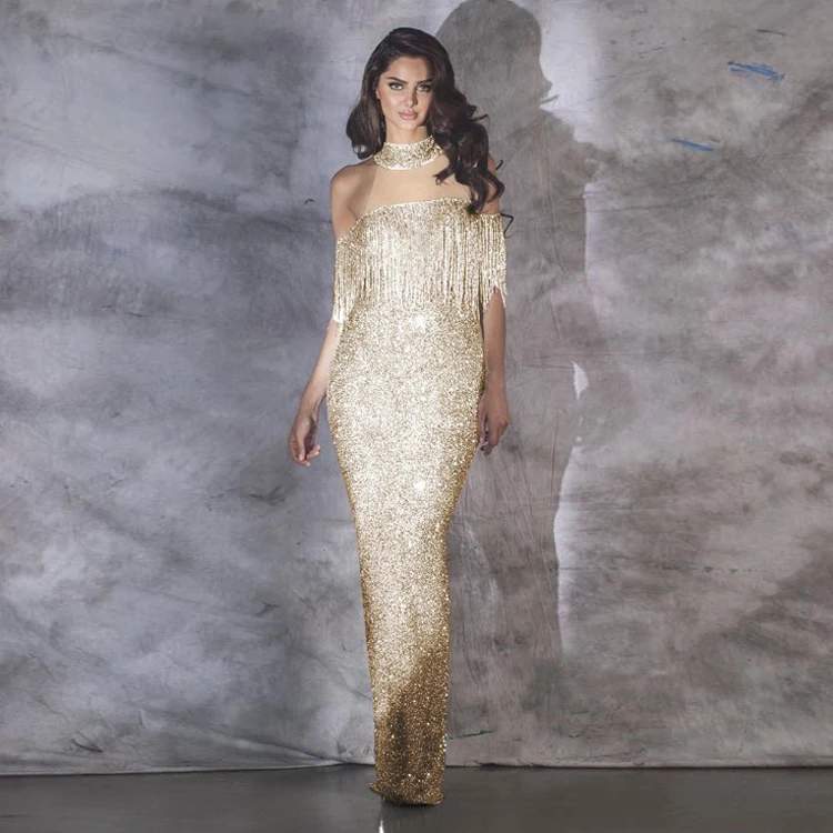 

2021 Robe De Soiree Fringed Temperament Elegant Halter Neck Strapless Women Sequin Luxury Party Ladies Sexy Long Evening Dresses