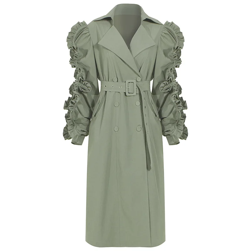

2021 Autumn And Winter Green Jacket Women's Ruffled Double-breasted Over The Knee Coat Long Windbreaker Trench Coats, Black/green