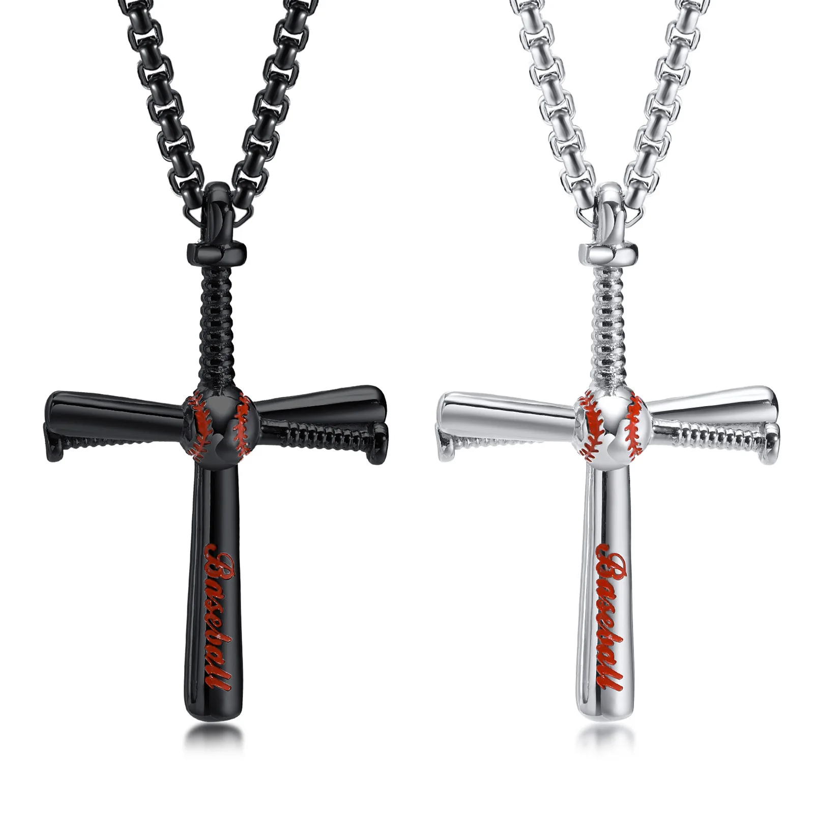 Sport Men Jewelry Stainless Steel Baseball Bat Cross Pendant Necklace