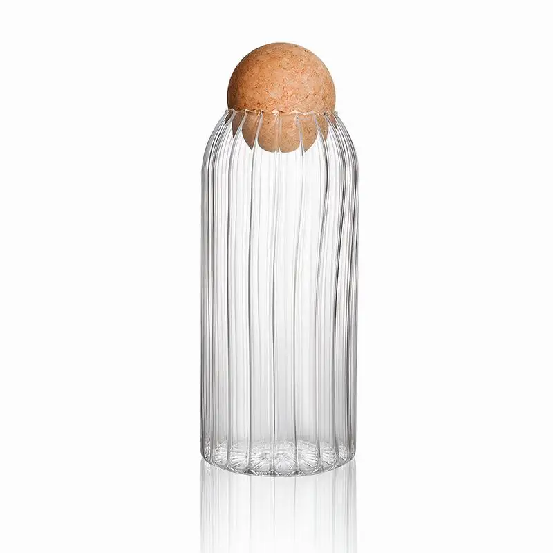 

OEM Handblown Pyrex Ribbed Clear Borosilicate Glass Storage Food Bottle Jar and Round Cork Lid, Customized color