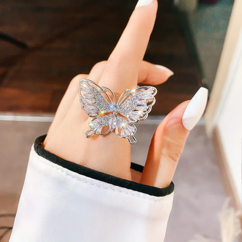 

New Design Fashion Jewelry Opening High-grade Copper Inlaid Zircon Butterfly Ring Luxury Shiny Cocktail Party Ring for Women, Customized color