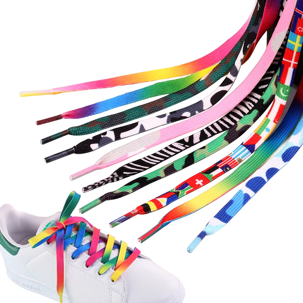 

[6]Amazon Hotsale 8mm flat colorful shoelaces Custom Printed logo Polyester Novelty Sport Fat FANCY Shoelaces for Sneakers