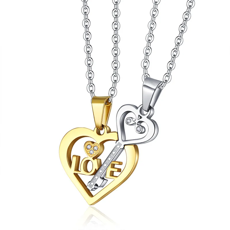 

2Pcs/Set Gold Plated Stainless Steel Key Diamond plated couple pendant necklace