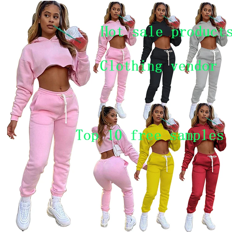 

2021 Wholesale Streetwear Solid Color Sport Suit Sexy Crop Top Long Sleeve Hoodie Women Two Piece Set, Pink,gray,black