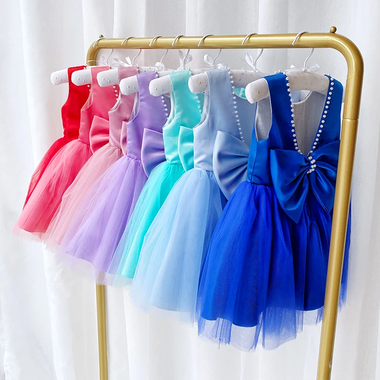 

cheap fast Delivery 7 colors kid baby toddler girl summer puffy dress big bow decoration beading neckline 1 year birthday dress