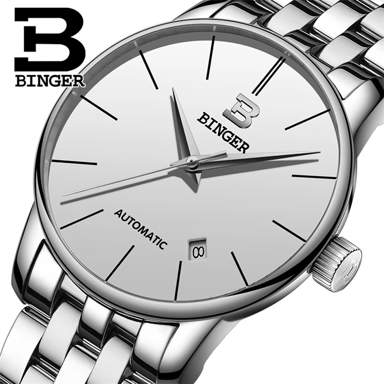 

BINGER 5075 Classic Men's Watch Automatic Mechanical Clock Males Gold Stainless Steel Blue Watches Man Wristwatches