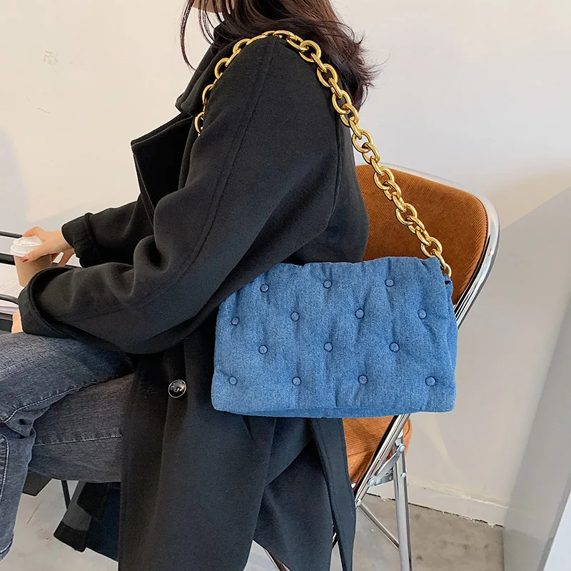 

New Trending Fashion Ladies Sling Bag Pu Leather Thick Chain Shoulder Bag Denim Clutch Women Underarm Purse And Handbags, Accept customizable color