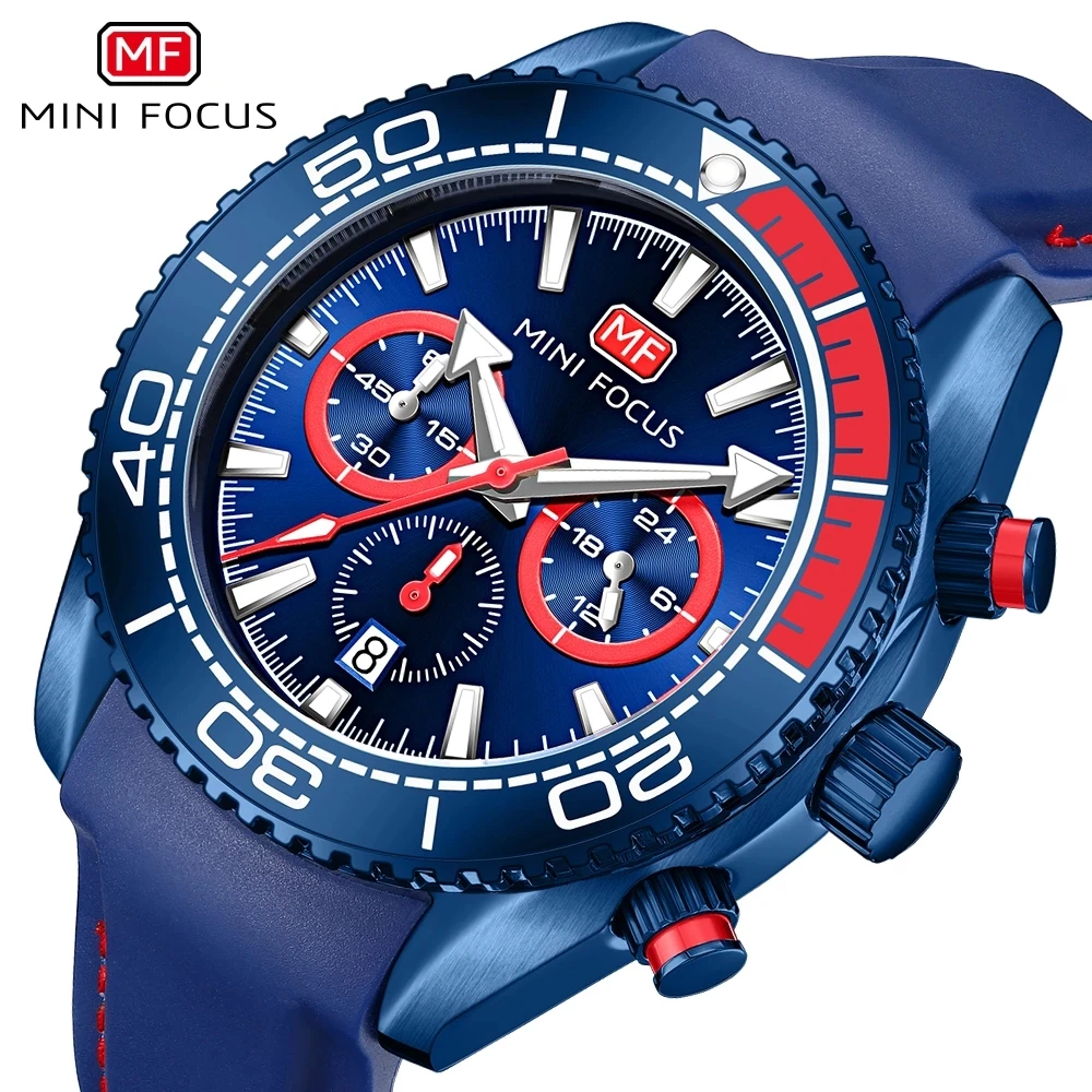 

MINI FOCUS 0426 Blue Sport Watch for Men Multifunction Calendar Urban Luxury Racing Watches Silicone Strap