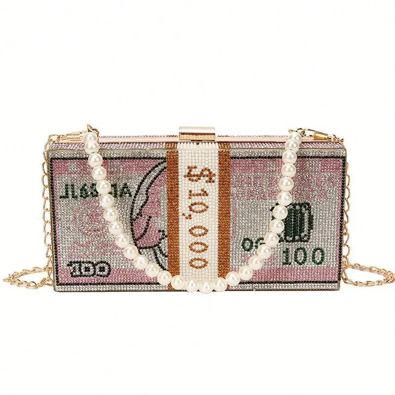 

Luxury Crystal Us Dollar Women Money Dinner Purse Handbag Evening Clutch Bags Diamond Chain Wedding Bag