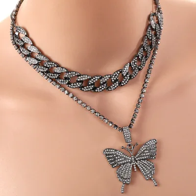 

Luxury Butterfly Necklace Hip Hop Cuban Link Chain Butterfly Jewelry Set For Women Cuban Chain Butterfly Choker, Silver, gold, pink, black