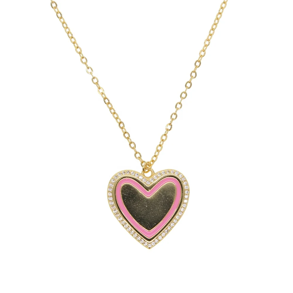 

Heart shape pendant necklace with pink enamel DIY name letter design Customize engrave Tag necklace