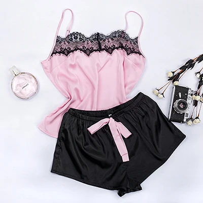 

Floral Lace Pink Cami Pajama Set Women Black Short Set 2020 Summer Casual Nightwear Ladies Sexy Satin Sleepwear, As show