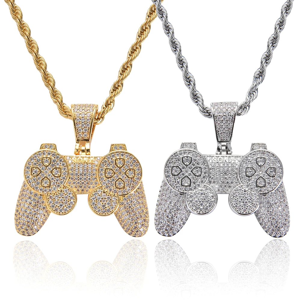 

Hip hop Gold Iced Out Diamond Game Controller Handle Pendant Necklace for Women Men Cz necklaces, Gold/silver