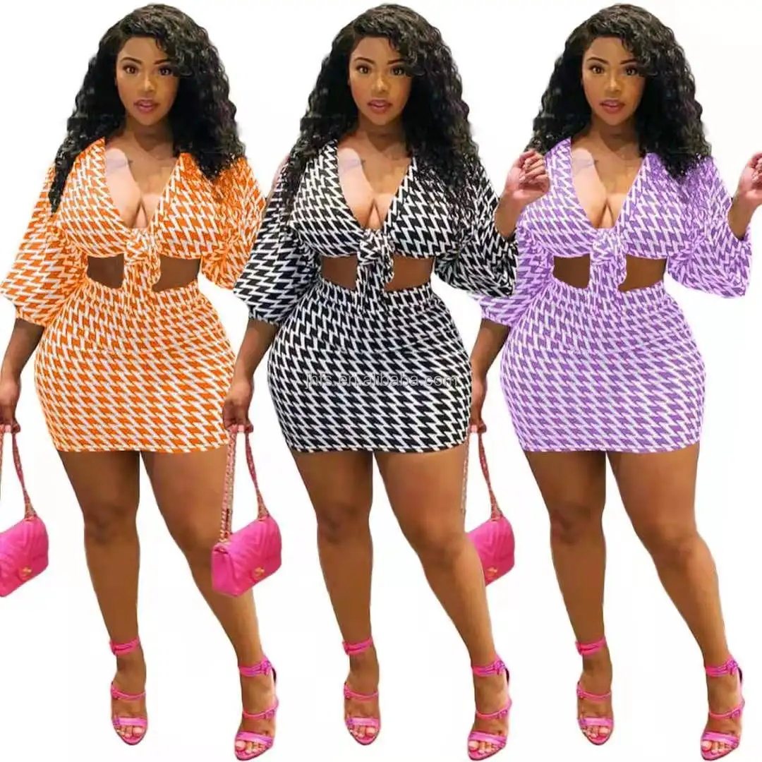 

J&H fashion houndstooth outfits 5XL puff sleeve ladies bandage blouse and mini skirts set plus size women clothing, 3 colors as picture