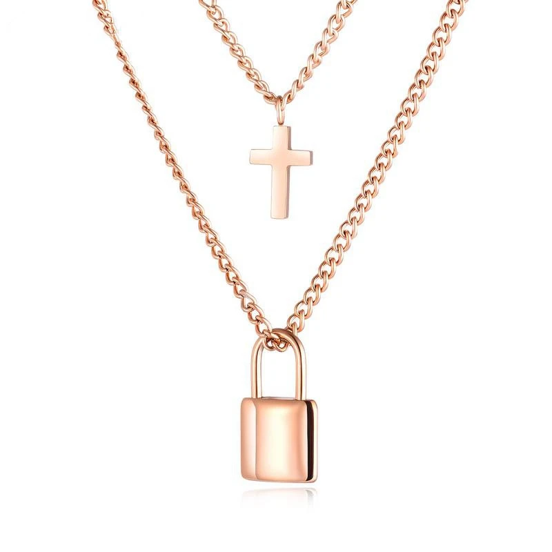 

Sweater Chain Necklace Multi-layers Stainless Steel Lock Charms Cross Pendant Necklace 18k Rose Gold Women Jewelry
