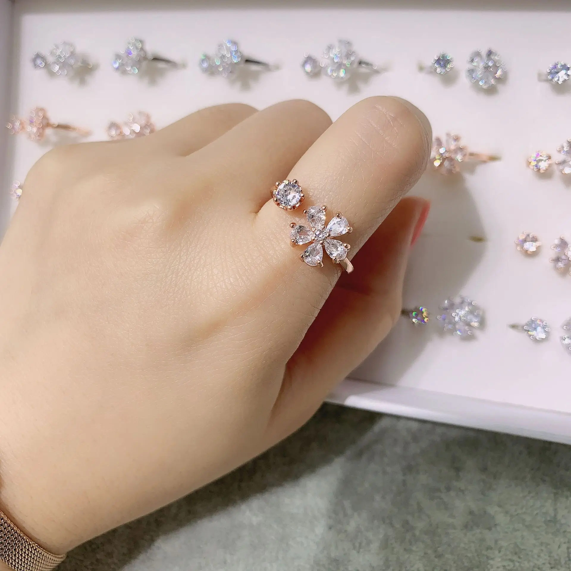 
Fashion jewelry charming Rose Gold Cubic Zirconia girls Flower Finger ring 