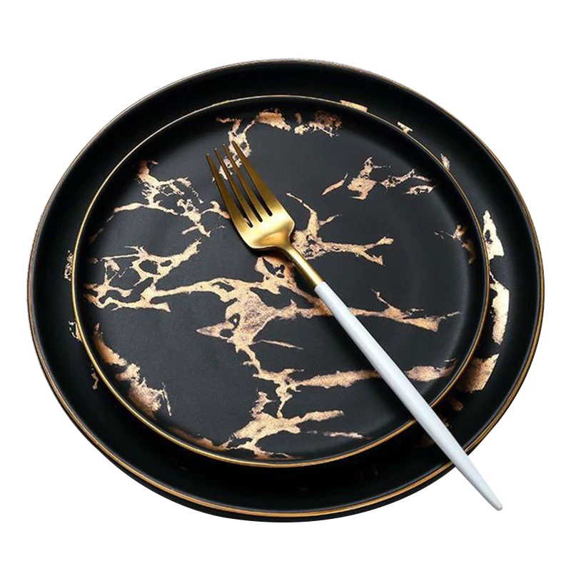 

China Dinnerware Round Shaped Gold Black Marble Cheap Bulk Crockery Plate, Dinner Plates For Restaurant, 10 inch dinner plate