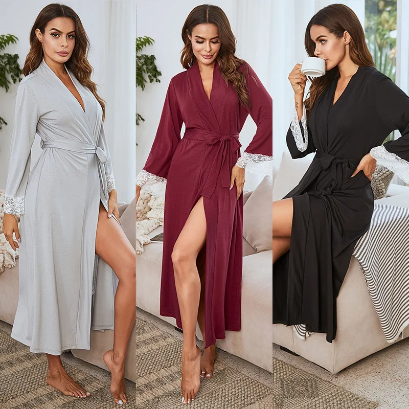 

QC - 067 New arrival top quality women satin lace robes-de-soir lace up soft lounge wear robe femme