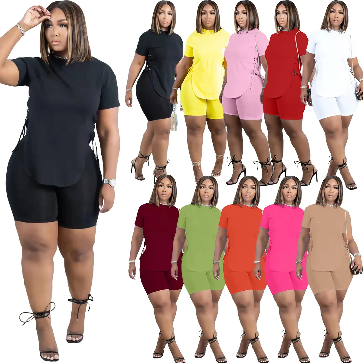 

Hot Sale  Plus Size Custom Logo Solid Colors Side Slit Bandage Short Sleeve Tops And Sports Shorts Women 2 Piece Sets