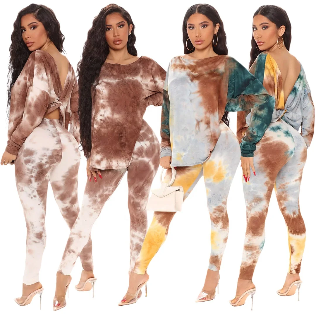 

YD new design fall fashion sweatsuit outfits printed workout clothes for women tie dye backless 2 piece pants sets