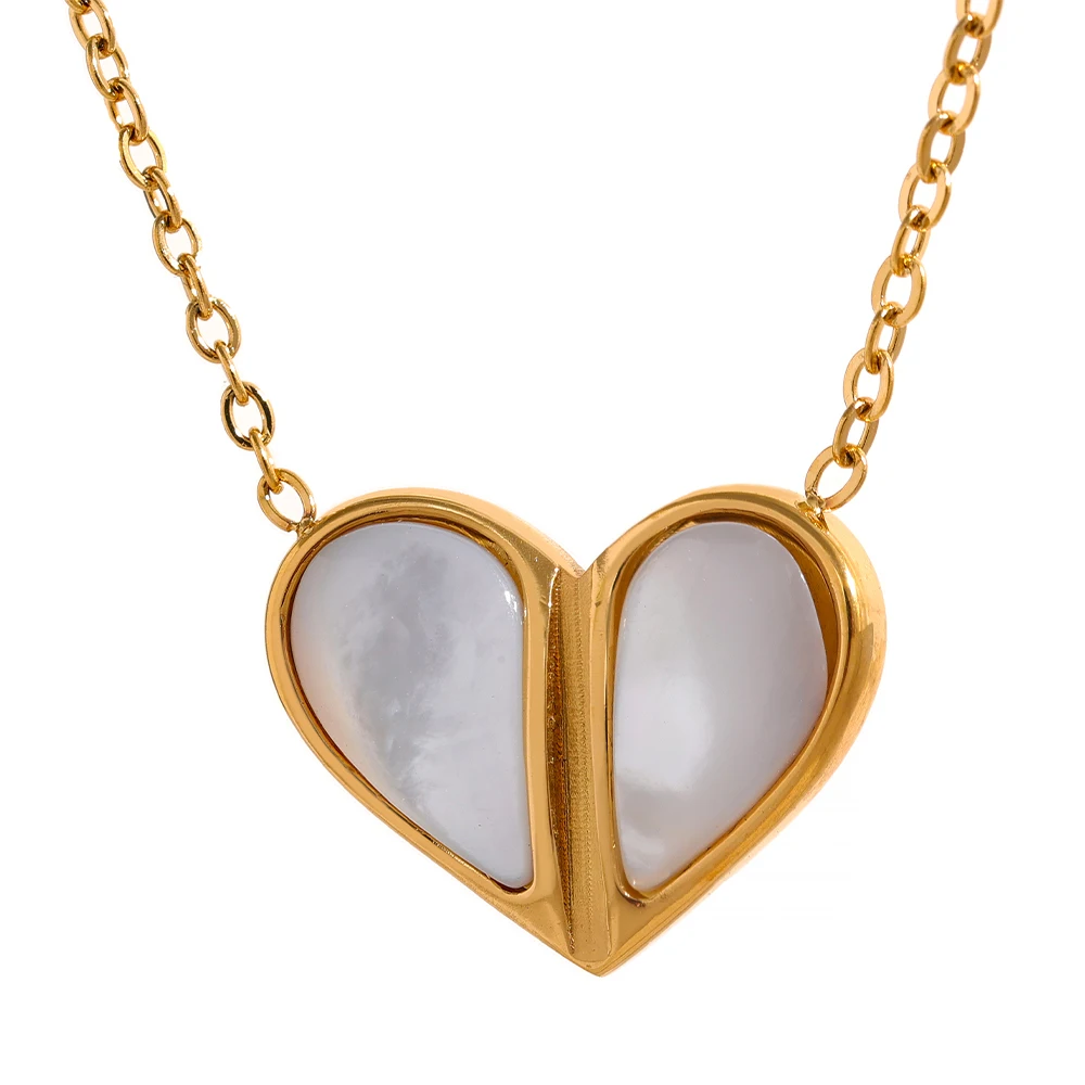 JINYOU 879 Luxury Natural Shell Heart Pendant Stainless Steel Chain Sweet Necklace 18K Gold Plated Waterproof Fashion Jewelry