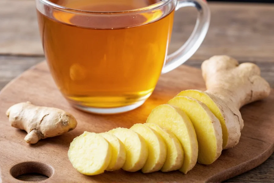 Fresh ginger root sliced with tea cup showing ginger tea preparation for upset stomach relief