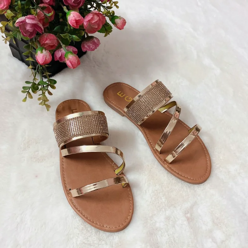 

Hot selling crystal rhinestone decor women slippers irregular strap lady flats mules outer wear female slides for summer