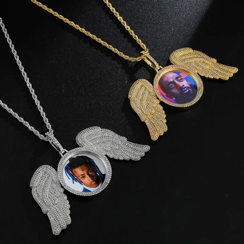 

Trend Custom Wing Circle Photo Necklace Memory Pendants For Men Women Fashion Hip Hop Jewelry, 24k gold