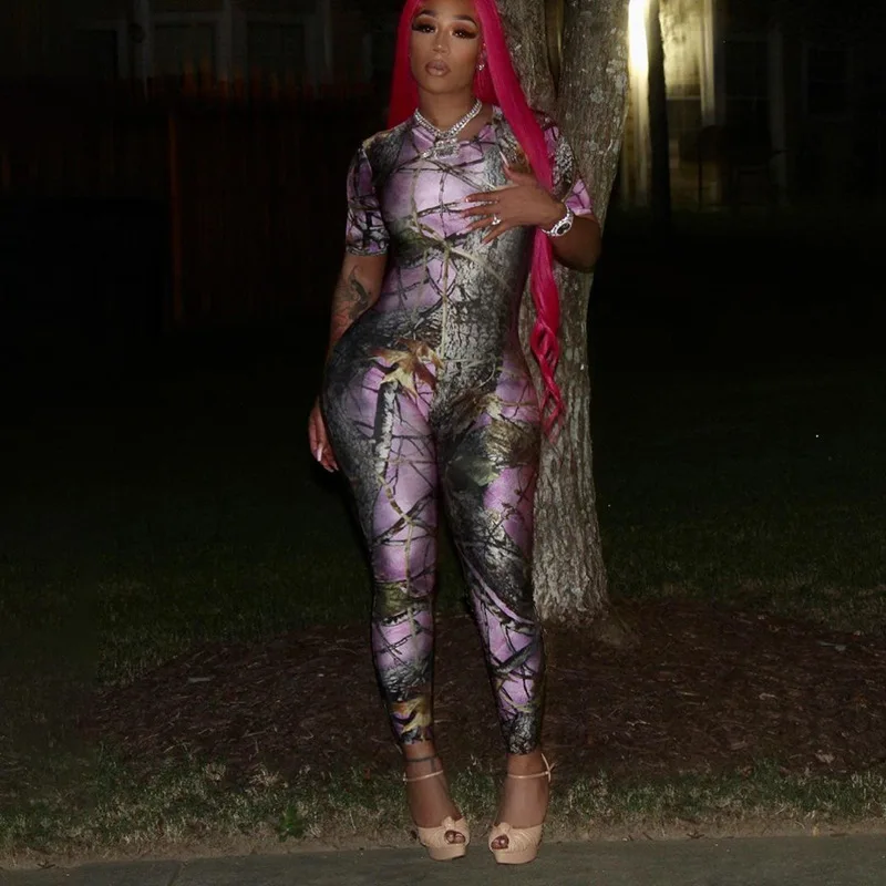 

FS3670A fashion forest print zipper back short sleeve slim jumpsuit