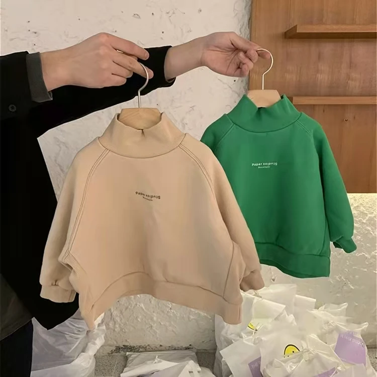 

Turtle-neck letter print children sweatshirts cotton fleece fashion pullover kids, As pic