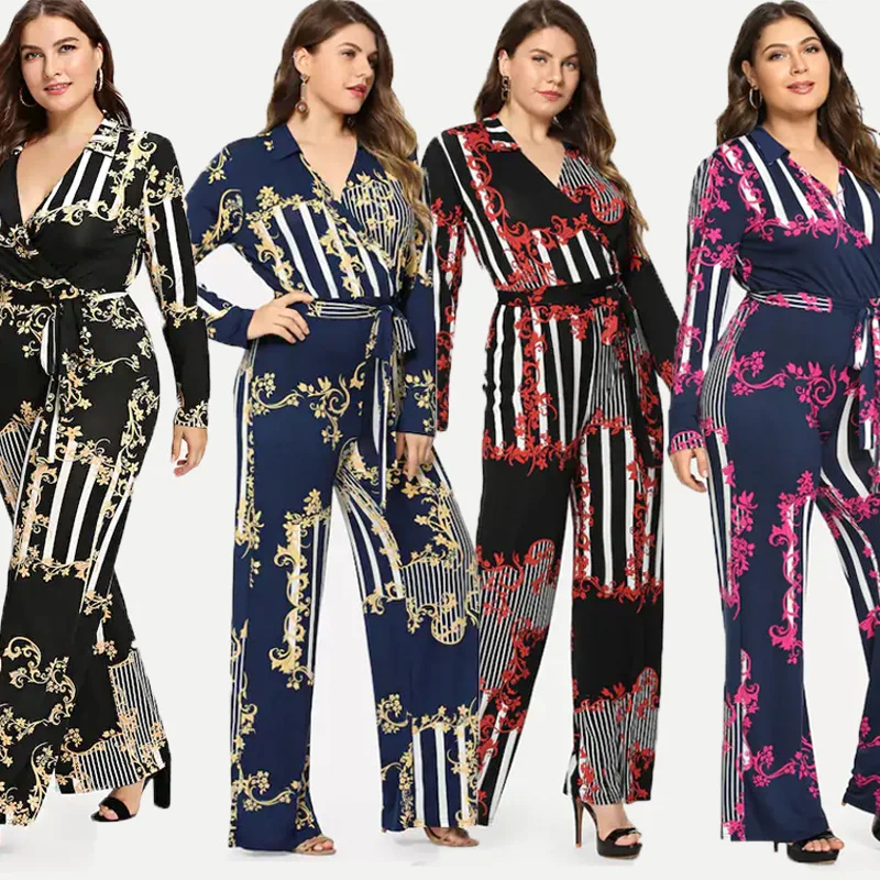 

Plus-size women wear fall winter deep V print trousers with a jumpsuit feminine sense three colors jumpsuit