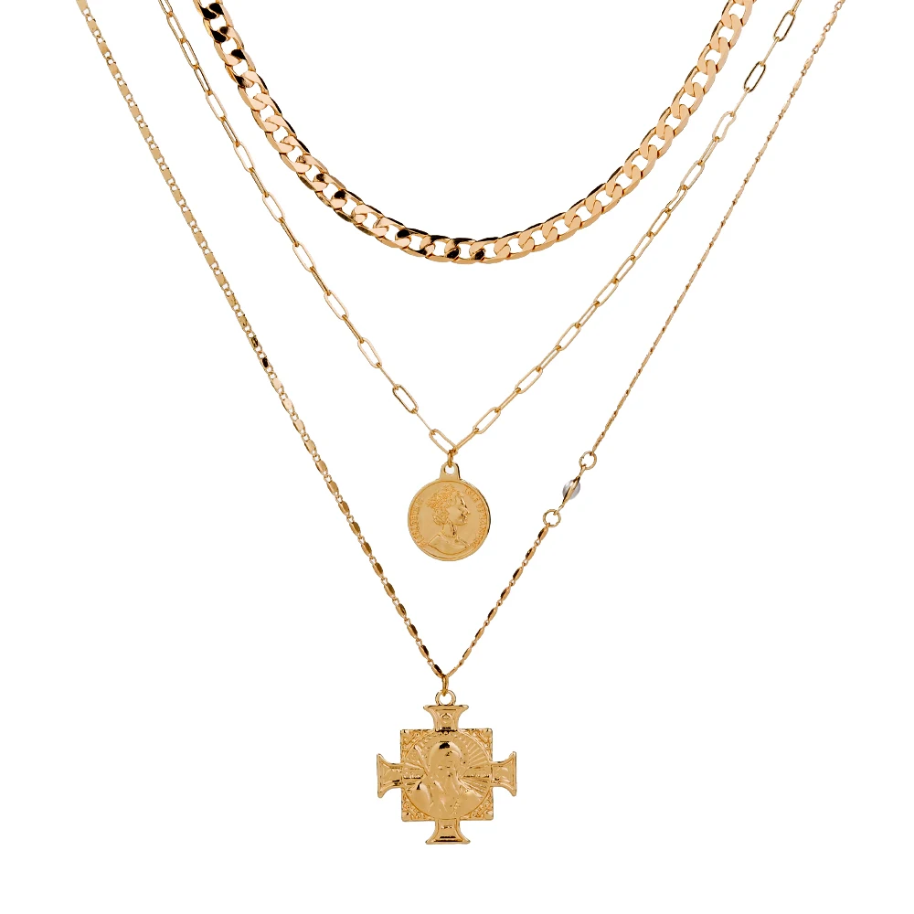 

Vintage Fashion Jewelry Gold Cross Buddha Head Pendant Layered Necklace