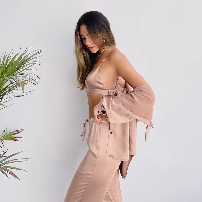 

In Stock Solid Color Silky Lounge Wear Three Pieces Custom Silk Satin Pajama Set, Pink, black