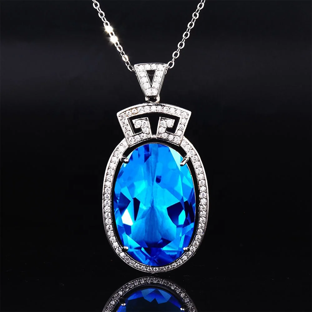 

Vintage Women's Pendant Chain Blue Huge Zircon Diamond Inlaid Oval Necklace Luxurious Wedding Jewelry, Picture shows