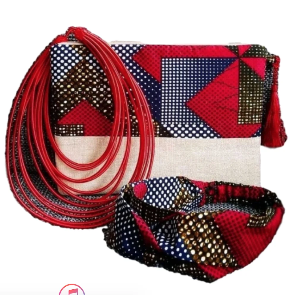 

African Pouch and Headband Necklace set of 3, Anakra fabric