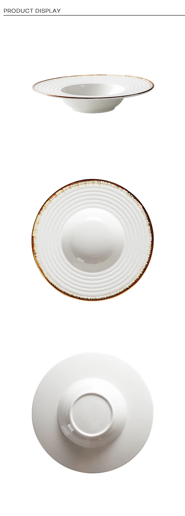 High Quality 28ceramics Used Restaurant Dishes For Sale, Coupe Soup Bowl, Rustic Rim Catering Ceramic Pasta Plate^